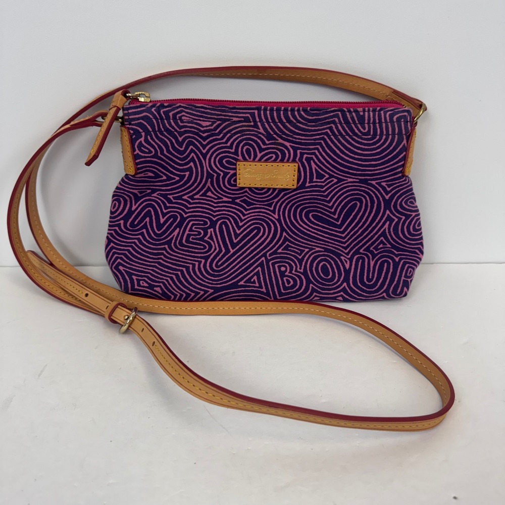 Dooney & Bourke Purple Pink Heart Doodle Canvas Crossbody Bag Leather Trim
